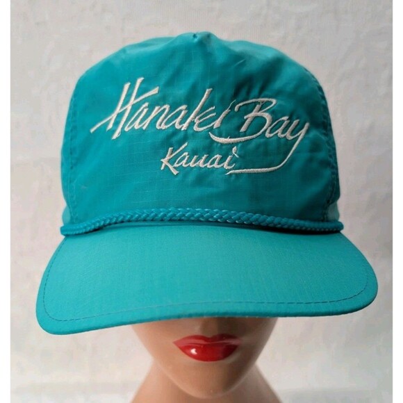 Vintage Nylon Hanalei Bay Kauai Green Teal Hat Hawaiian Headwear Embroidery Surf - Picture 1 of 8